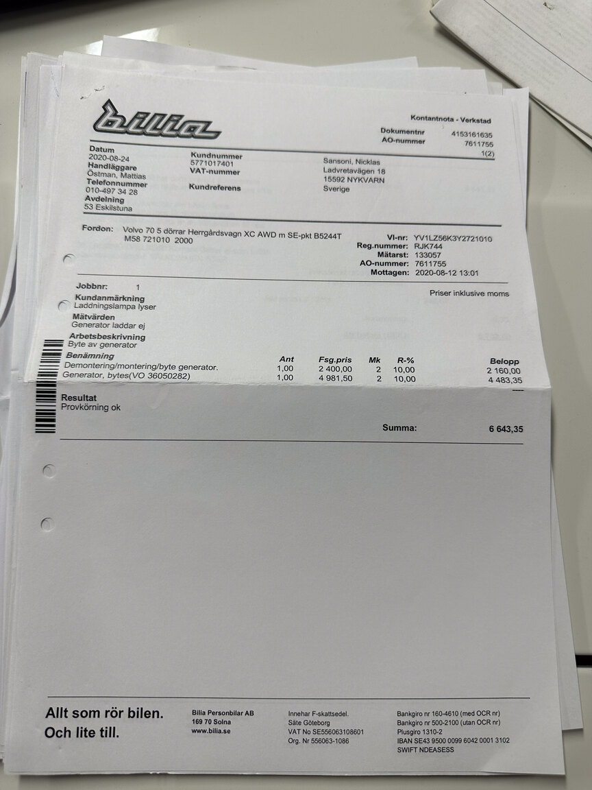Documentation for 2000 Volvo V70 XC