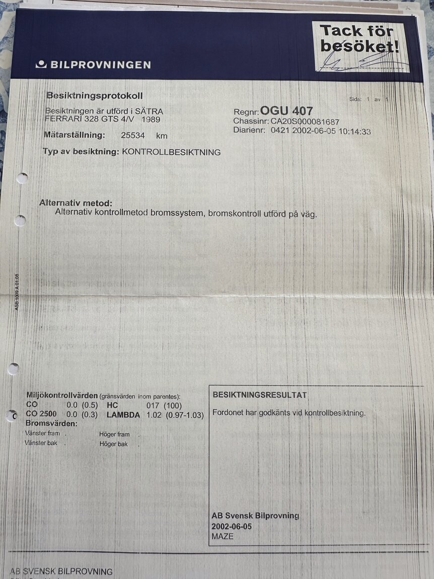 Dokumentation för 1989 Ferrari 328 GTS
