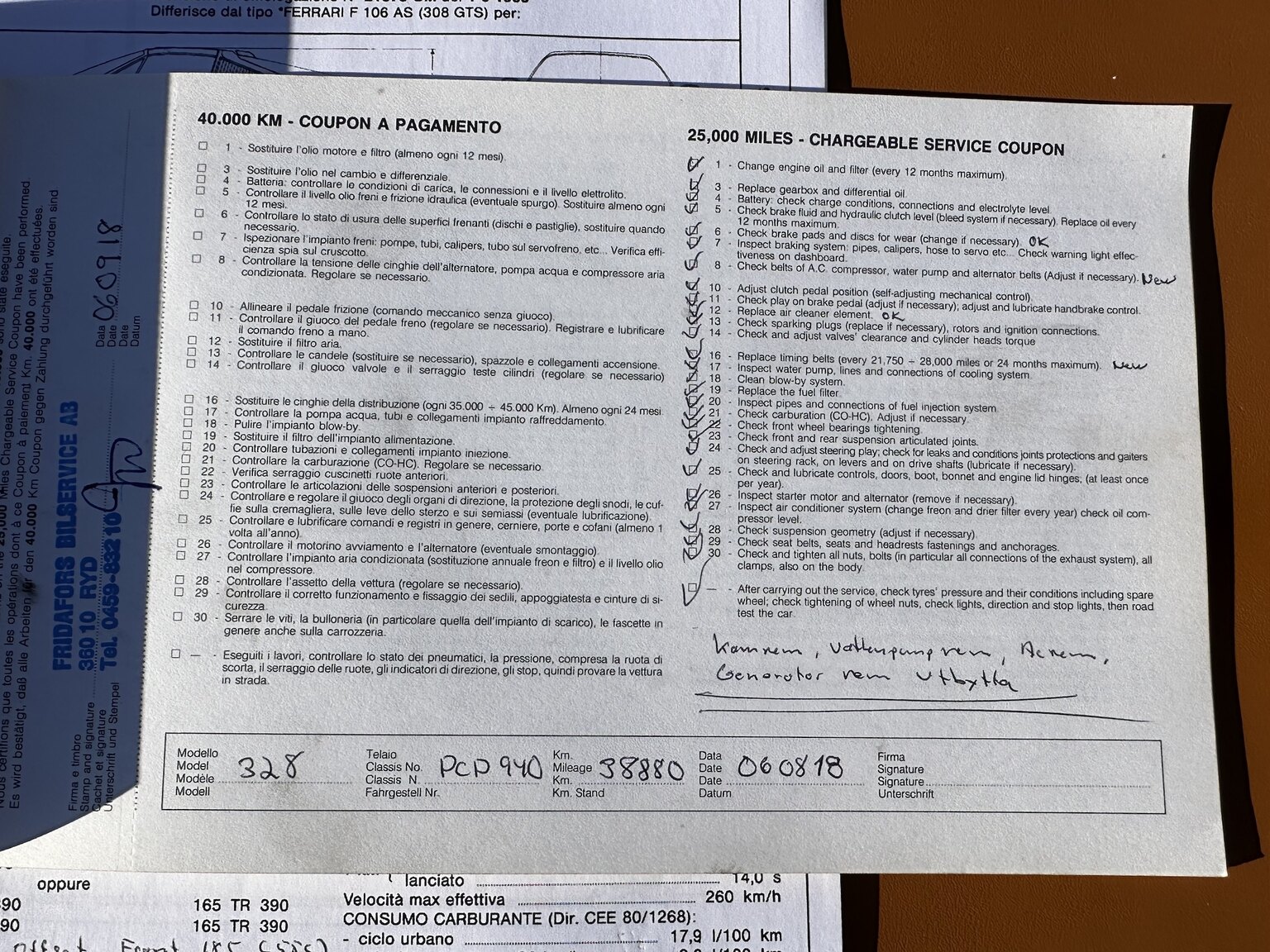 Documentation for 1986 Ferrari 328 GTS