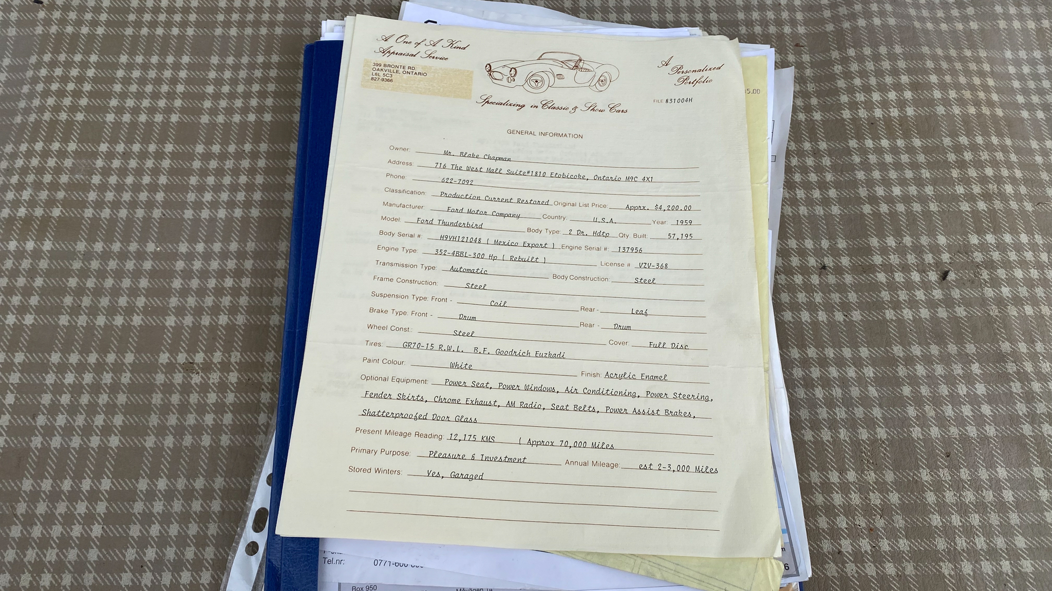 Dokumentation för 1959 Ford Thunderbird hardtop