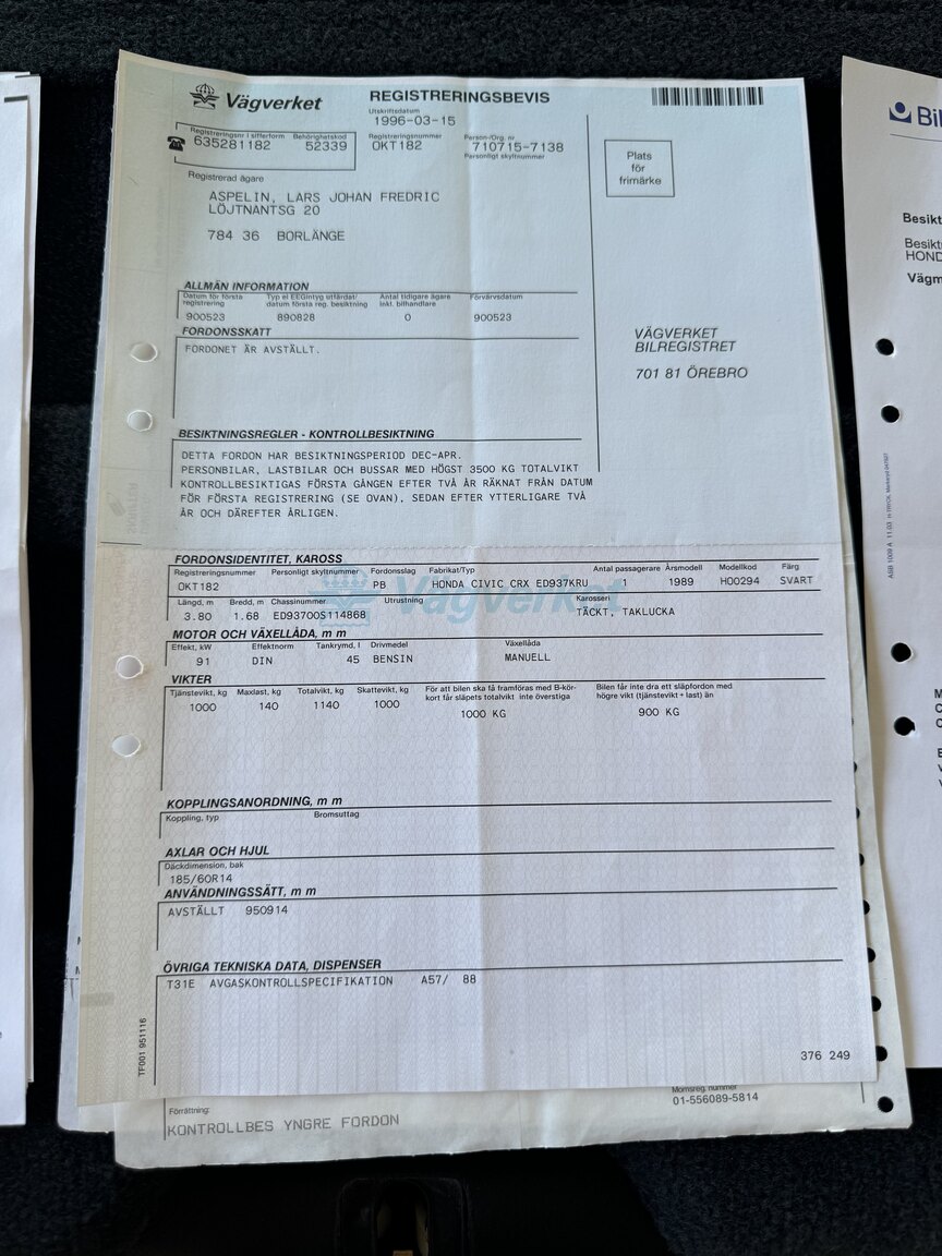 Documentation for 1989 Honda Civic CRX *5082km*