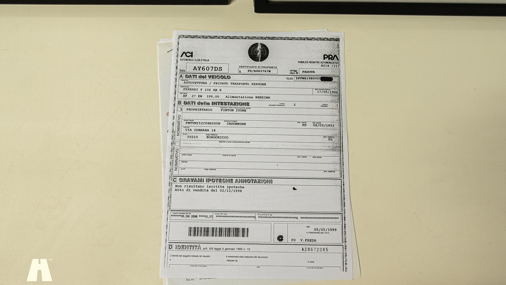 Dokumentation för 1986 Ferrari 328 GTB