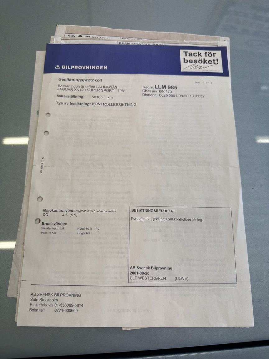 Documentation for 1951 Jaguar XK 120