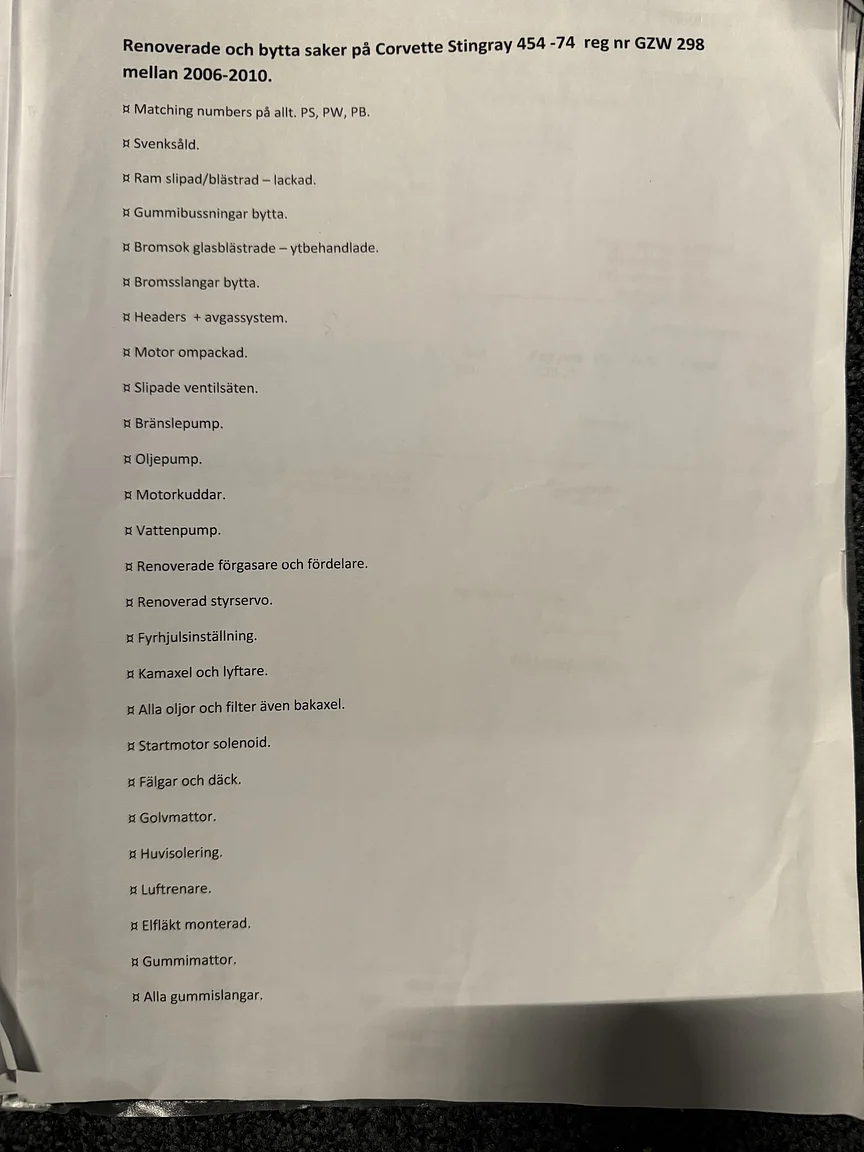 Dokumentation för 1974 Chevrolet Corvette Stingray