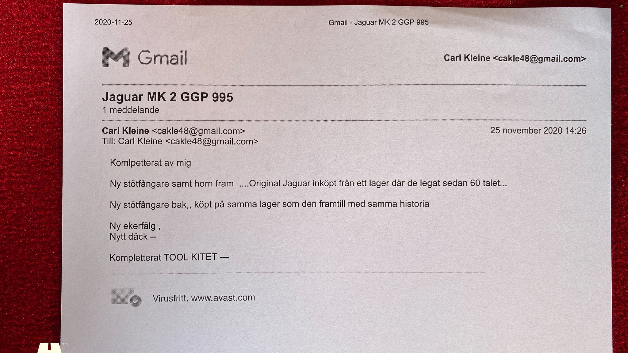 Documentation for 1961 Jaguar Mark 2