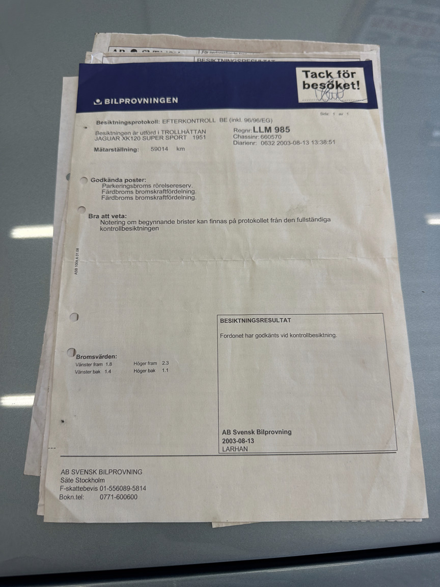 Documentation for 1951 Jaguar XK 120