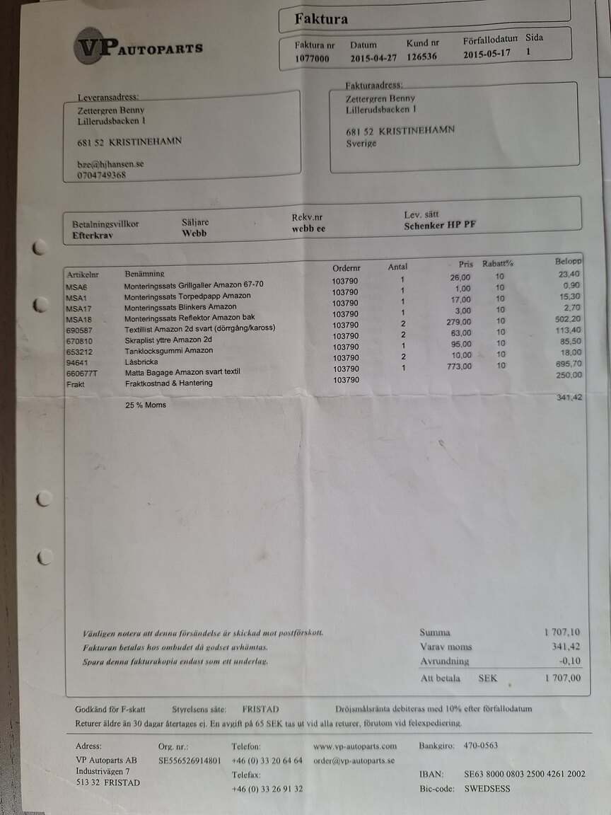 Documentation for 1969 Volvo Amazon 