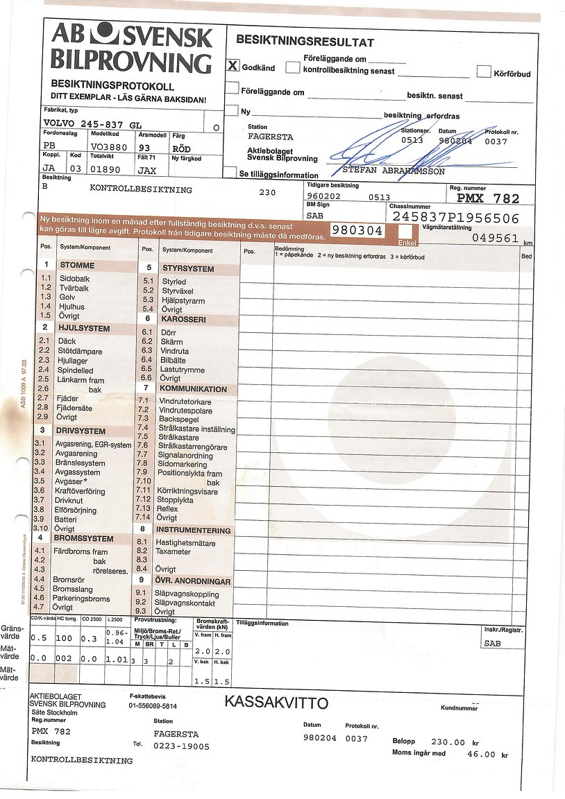 Dokumentation för 1993 Volvo 245 GL Classic "No Reserve Auction"