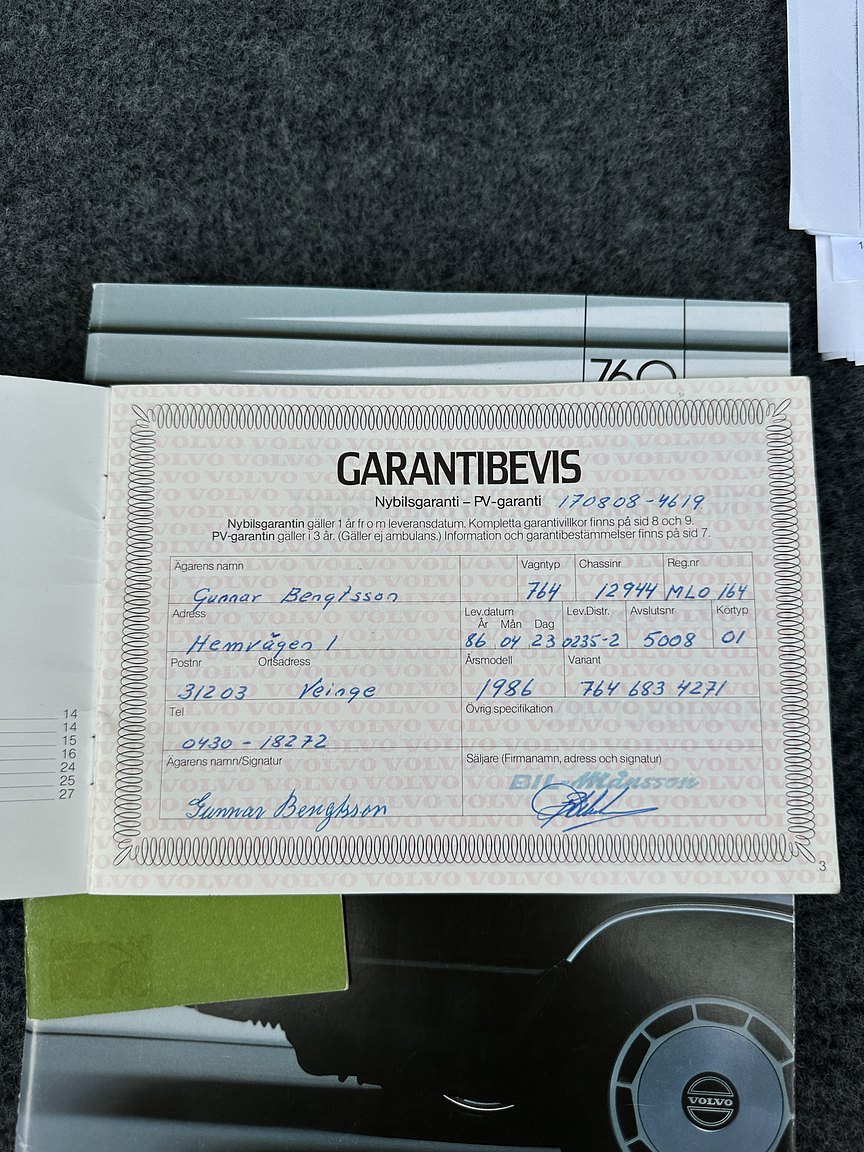 Dokumentation, 1986 Volvo 760 GLE 2.8 V6 Automatisk