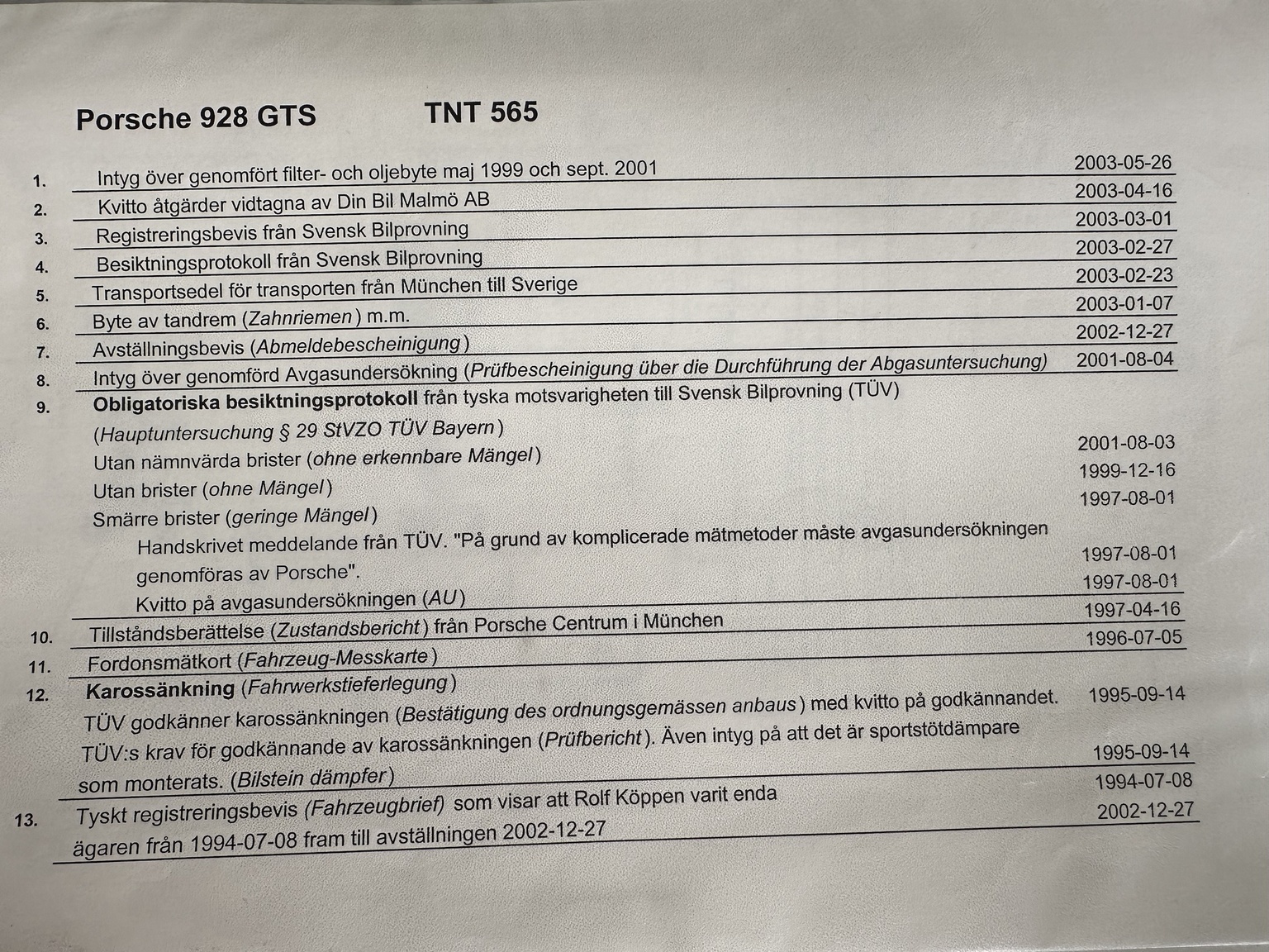 Documentation for 1994 Porsche 928 GTS