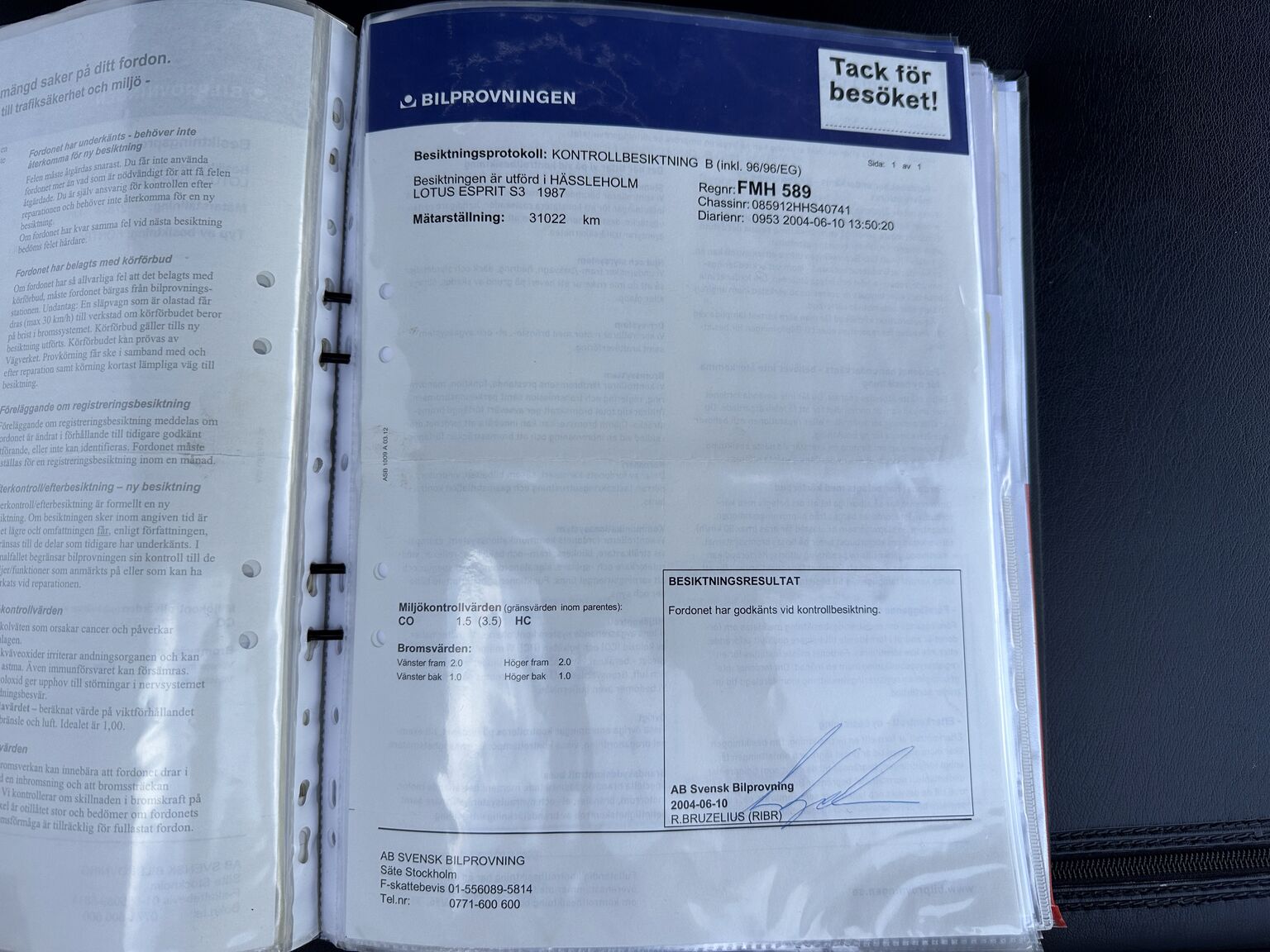 Dokumentation för 1987 Lotus Esprit S3