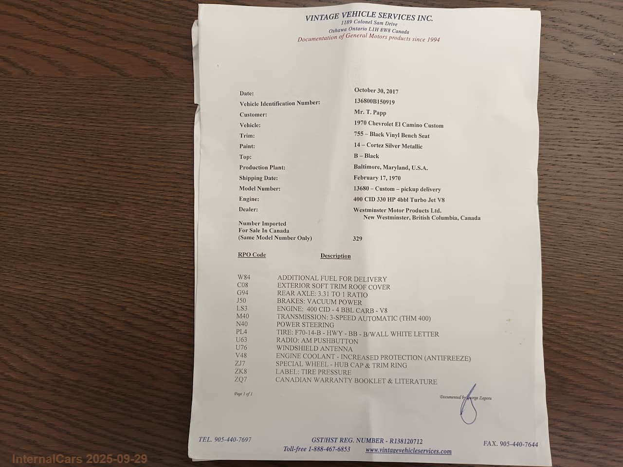 Documentation for 1970 Chevrolet El Camino SS Tribute (7)