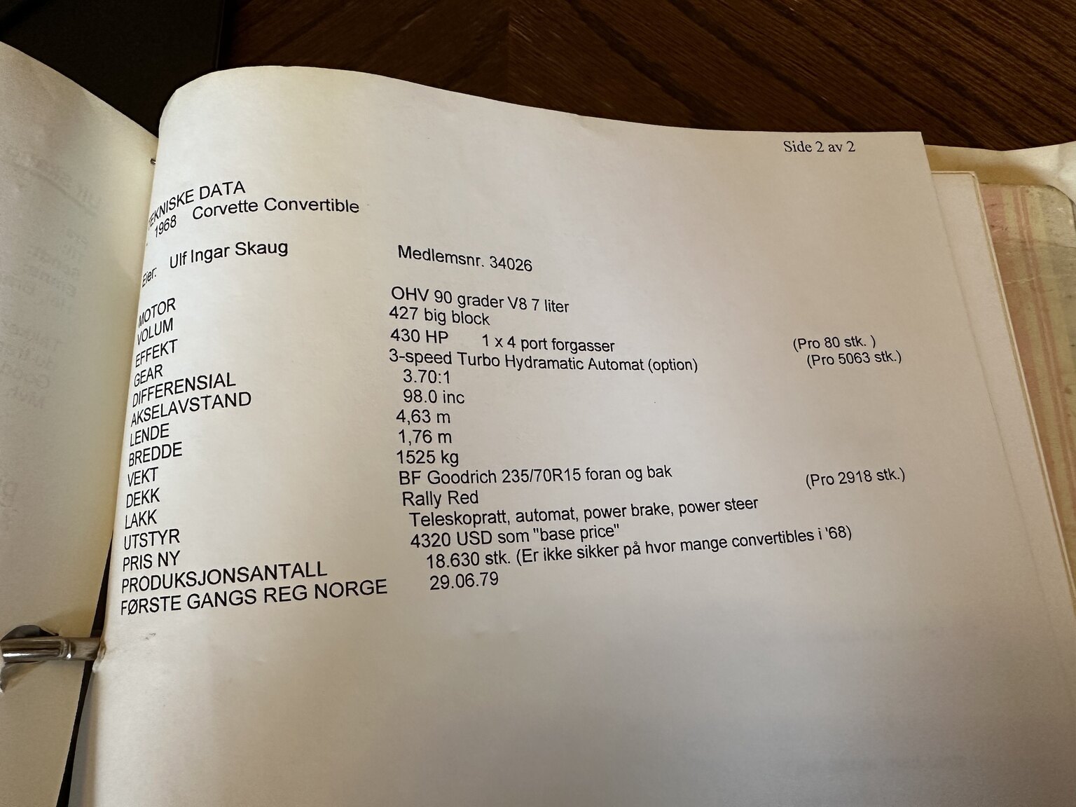 Documentation for 1968 Chevrolet Corvette 427ci / 435hp (8)