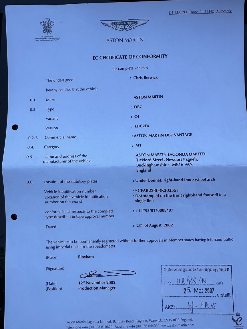 Documentation for 2003 Aston Martin DB7