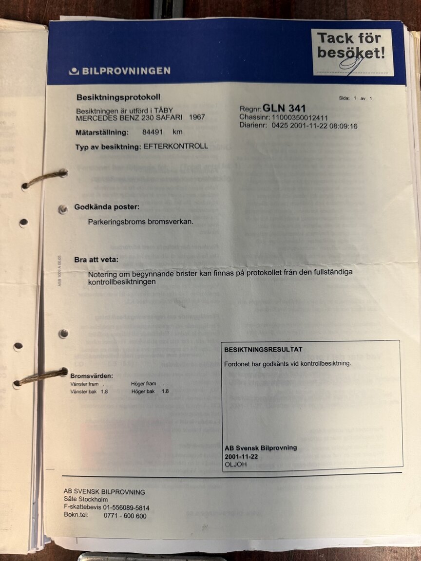 Documentation for 1967 Mercedes-Benz 230 Safari