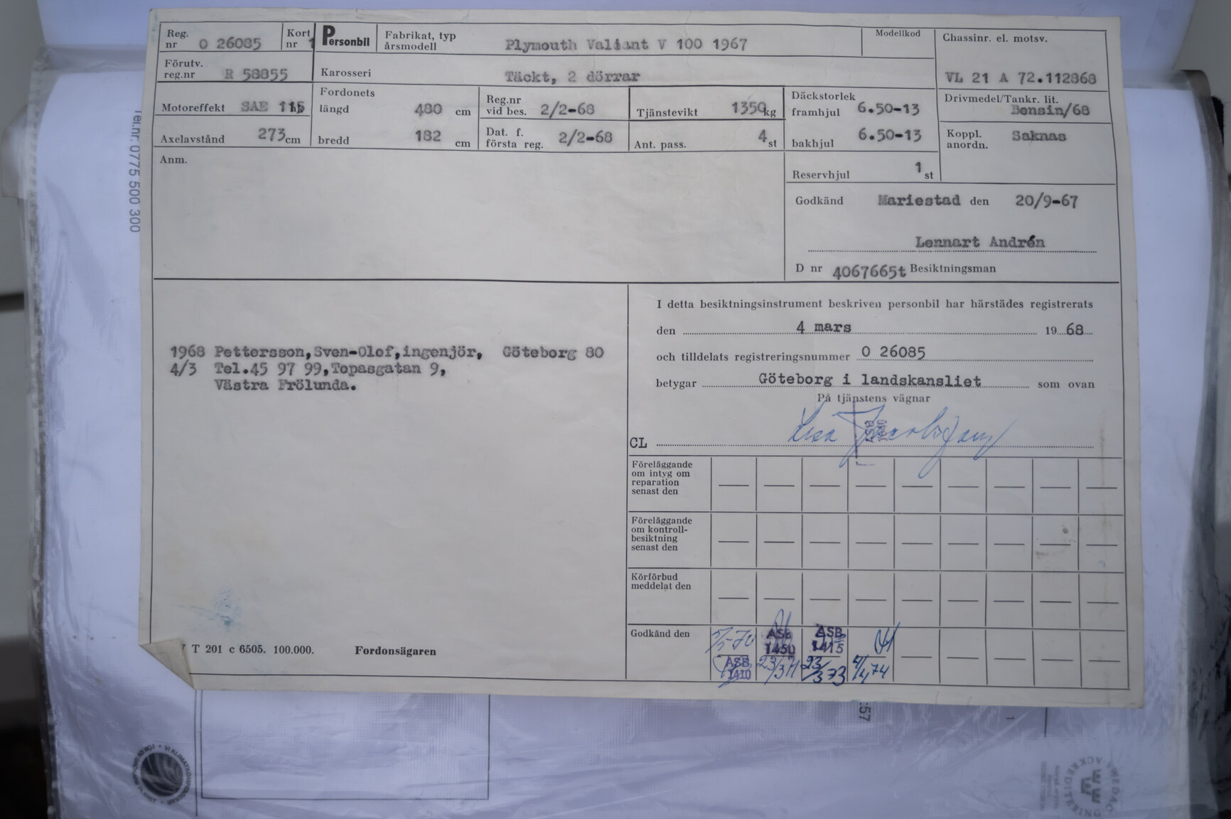 Dokumentation för 1967 Plymouth Valiant V 100 Sedan