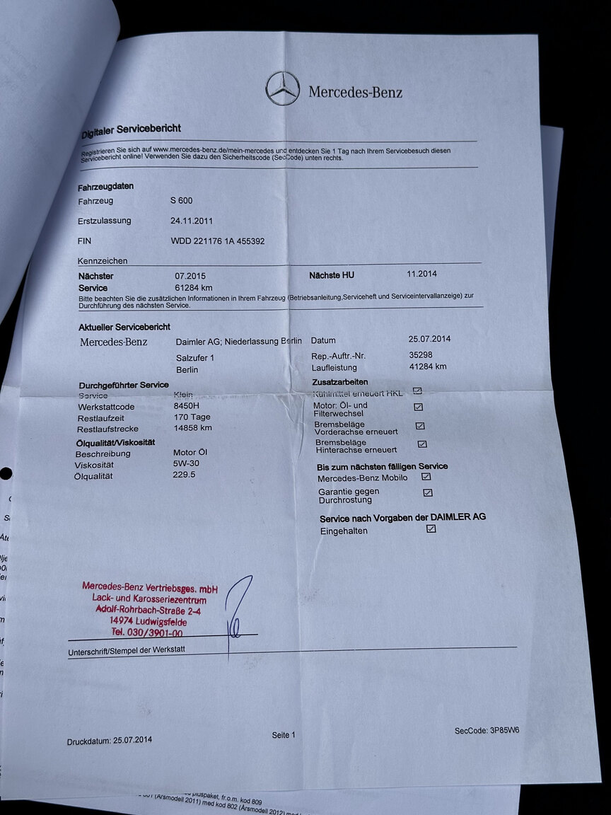 Documentation for 2011 Mercedes-Benz S600