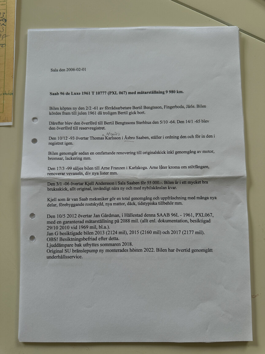 Documentation for 1961 SAAB 96 De Luxe 