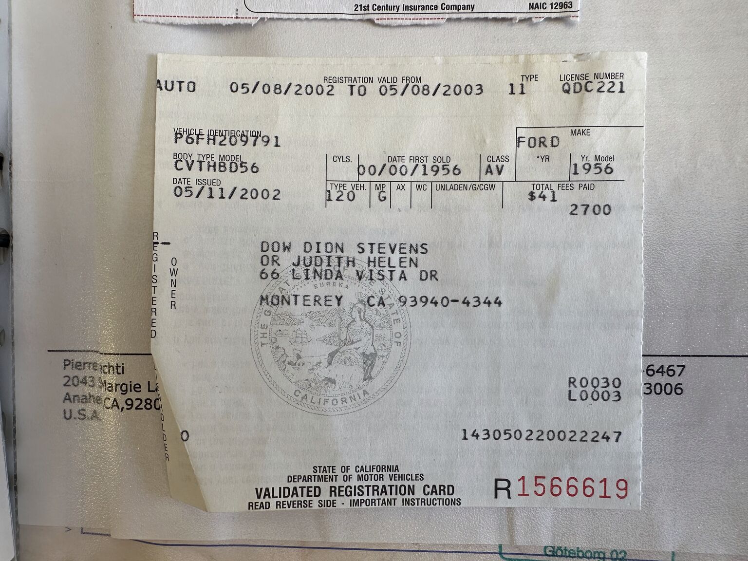 Documentation for 1956 Ford Thunderbird Convertible