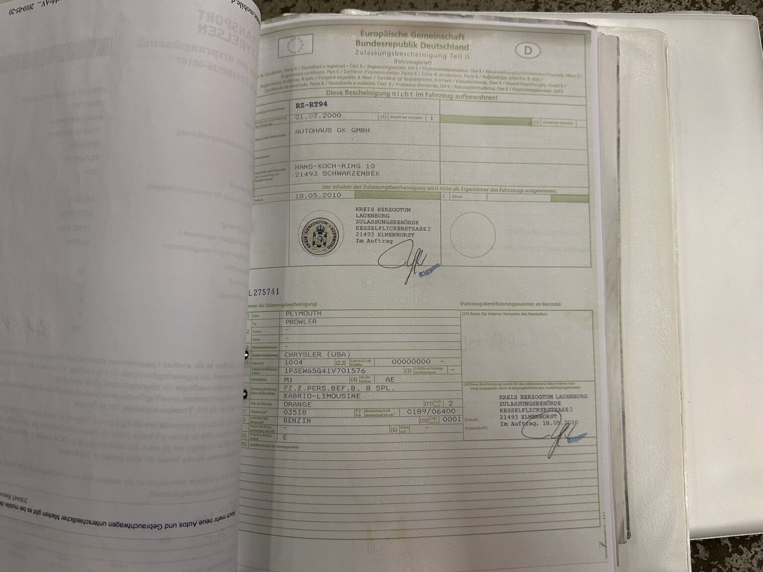 Documentation for 2001 Plymouth Prowler