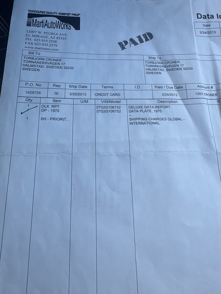 Documentation for 1970 Ford Mustang Boss 302