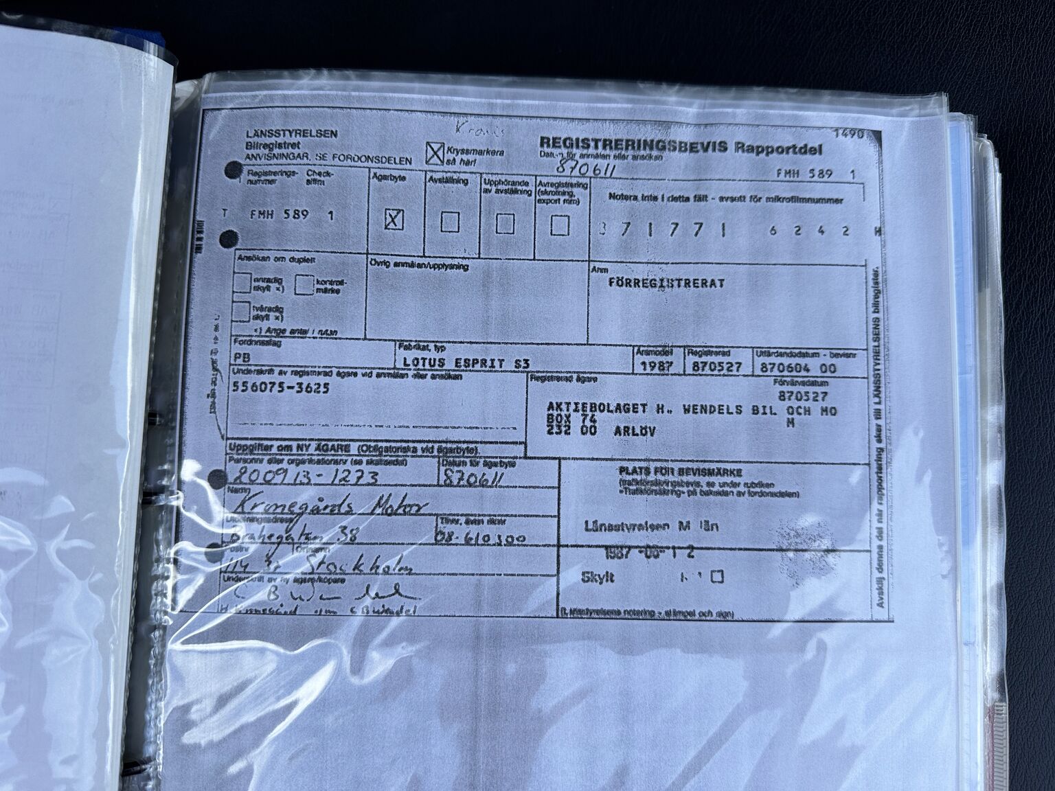 Dokumentation för 1987 Lotus Esprit S3