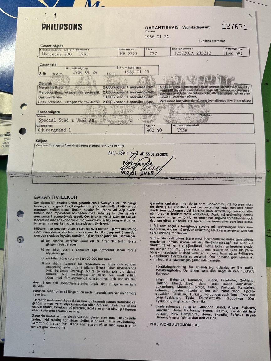 Dokumentation för 1985 Mercedes-Benz 200