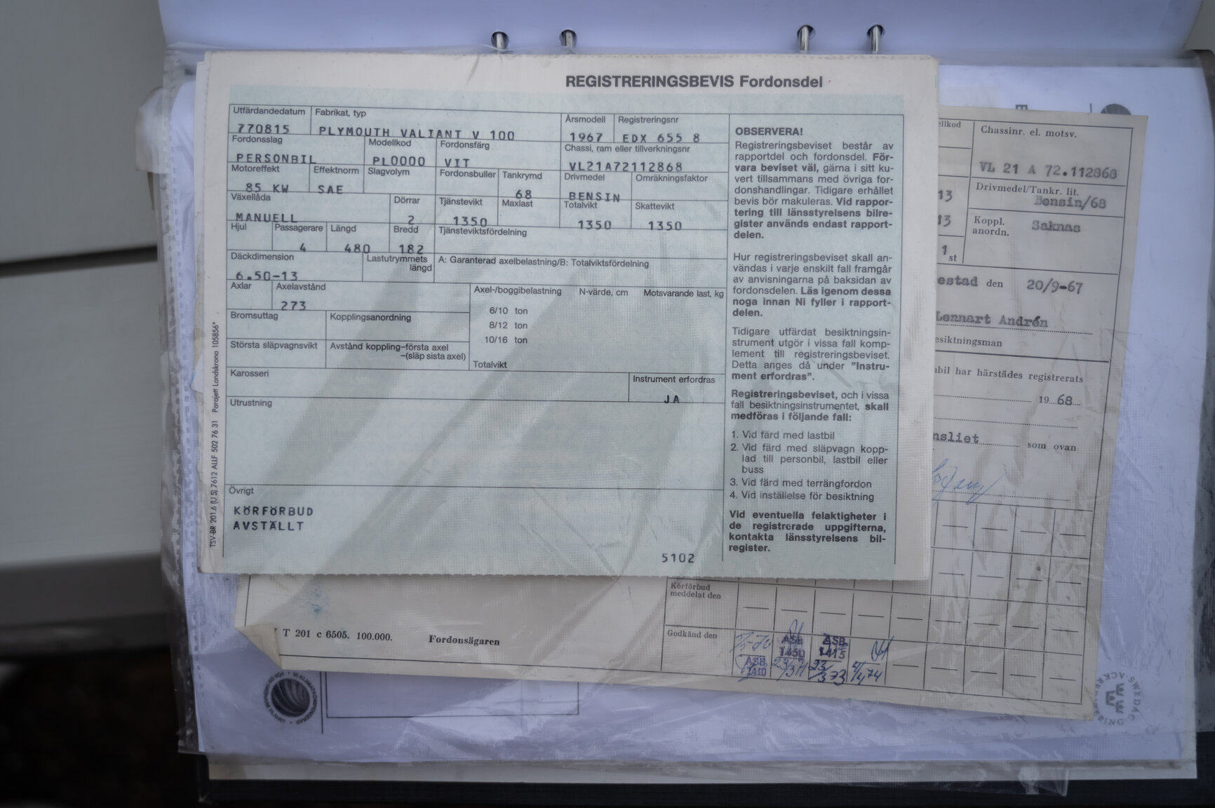 Dokumentation för 1967 Plymouth Valiant V 100 Sedan