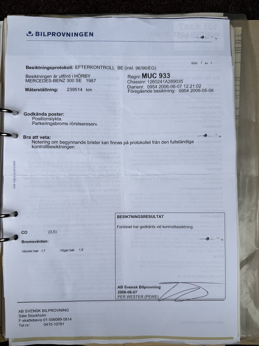 Dokumentation för 1987 Mercedes-Benz 300 SE