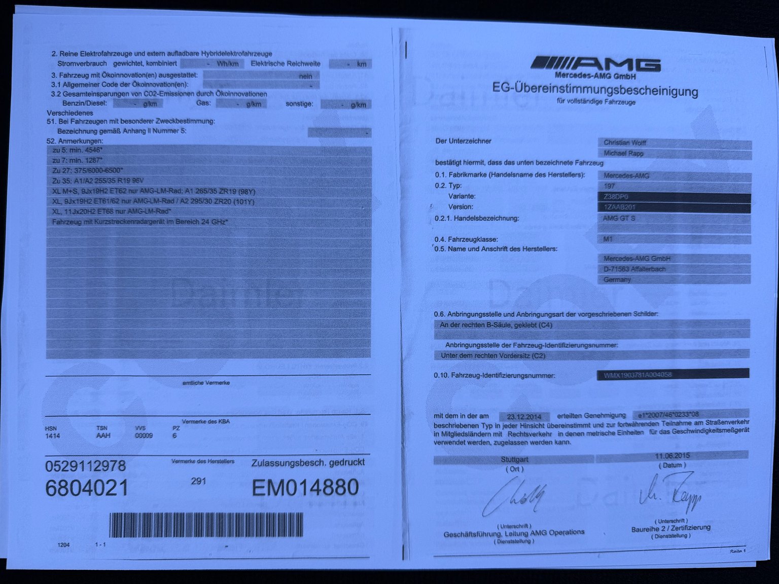 Documentation for 2015 Mercedes-AMG GT S