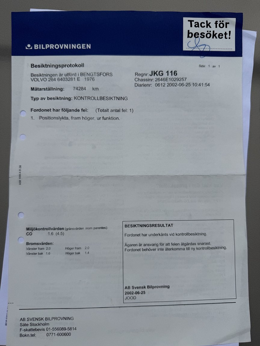 Documentation for 1976 Volvo 264 V6 GL Automatisk