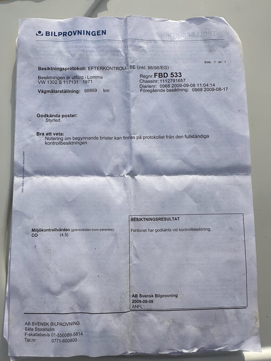 Documentation for 1971 Volkswagen Beetle 1302 S