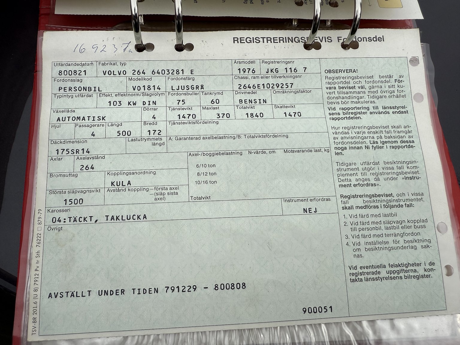 Documentation for 1976 Volvo 264 V6 GL Automatisk