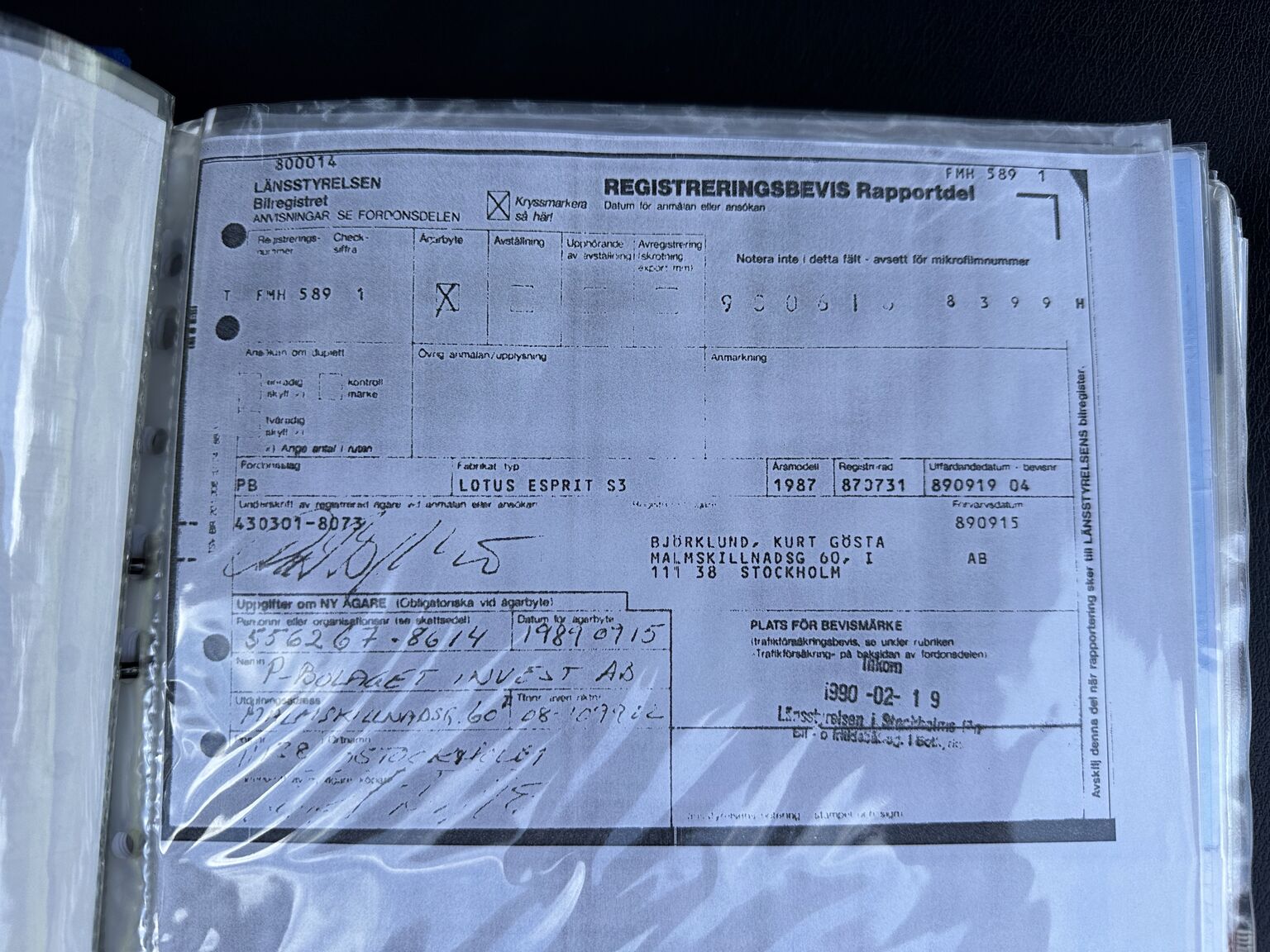 Dokumentation för 1987 Lotus Esprit S3