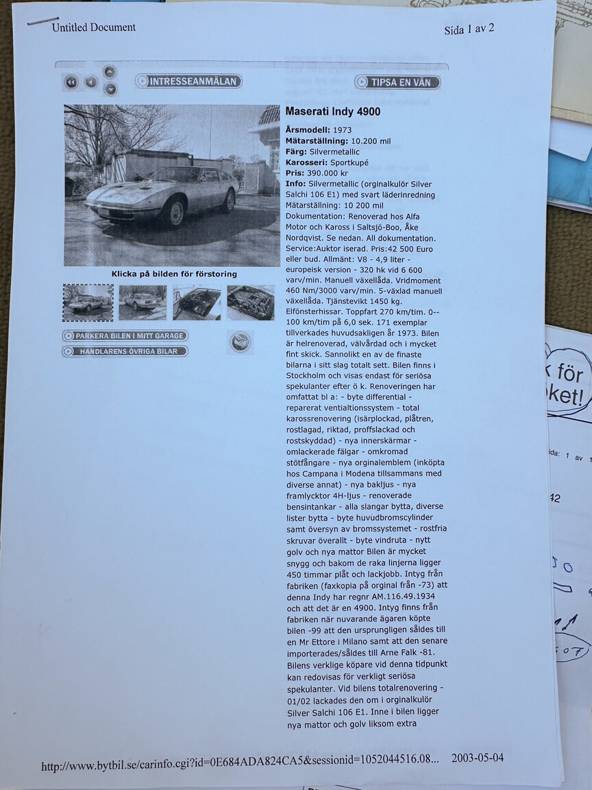 Dokumentation för 1973 Maserati Indy