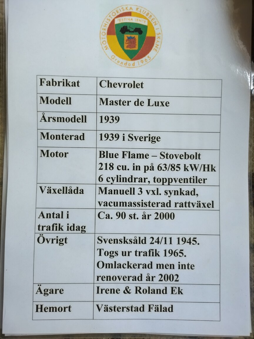Documentation for 1939 Chevrolet Master De Luxe Sedan Sport