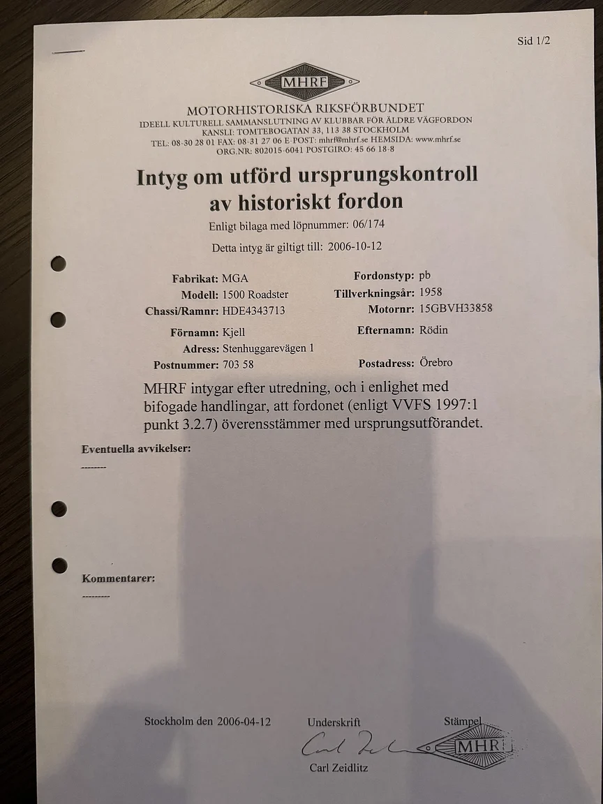 Dokumentation för 1958 MGA 1500 Roadster (4)