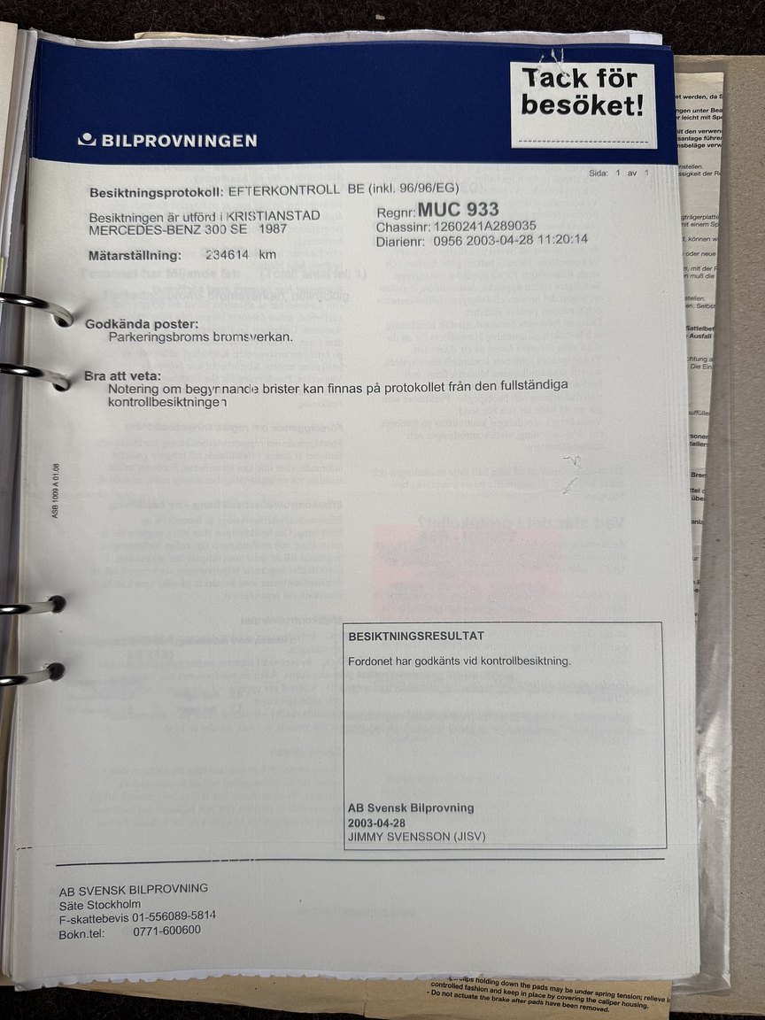 Dokumentation för 1987 Mercedes-Benz 300 SE