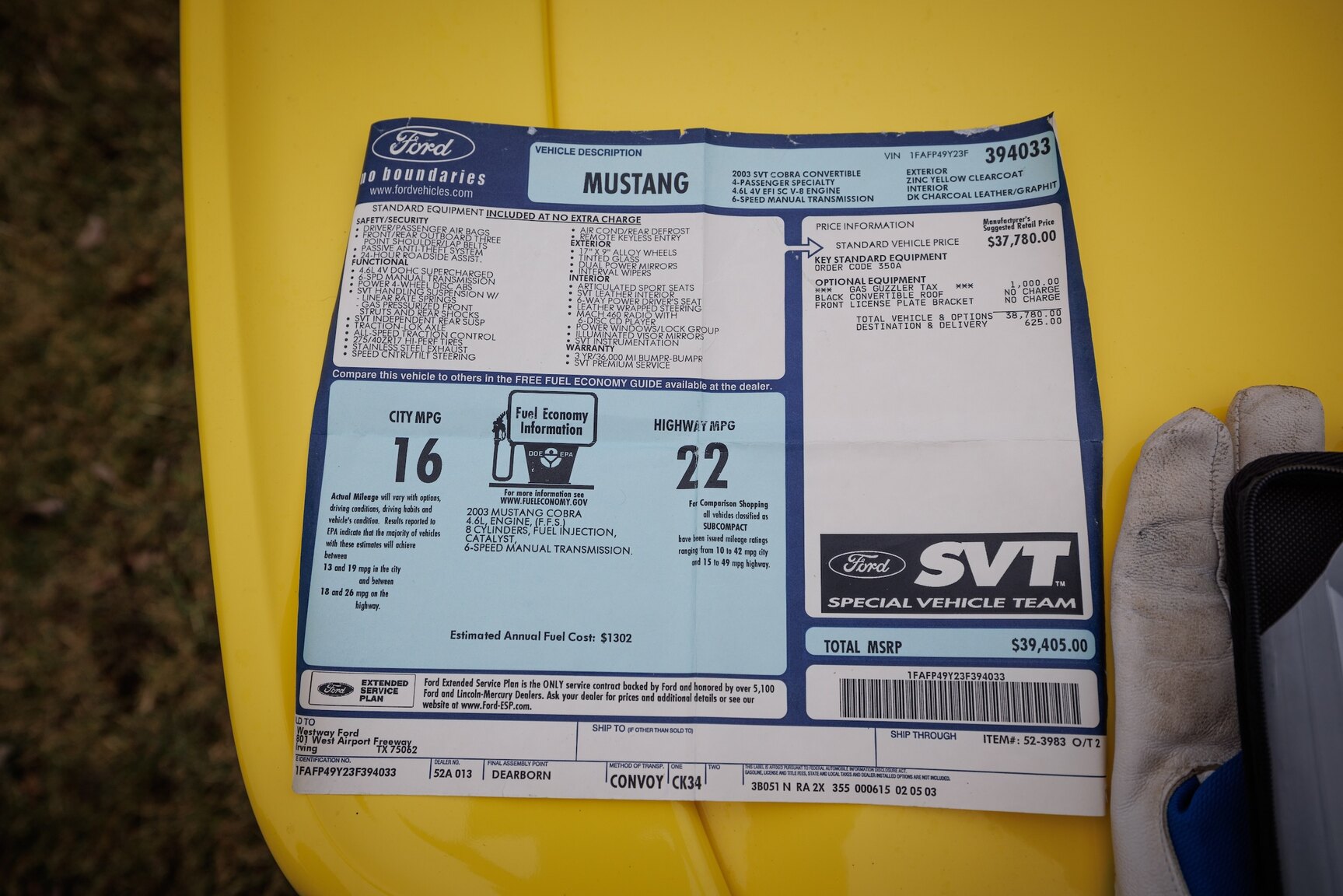 Dokumentation för 2003 Ford Mustang SVT Cobra