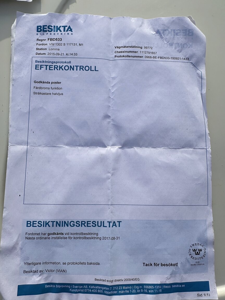 Documentation for 1971 Volkswagen Beetle 1302 S
