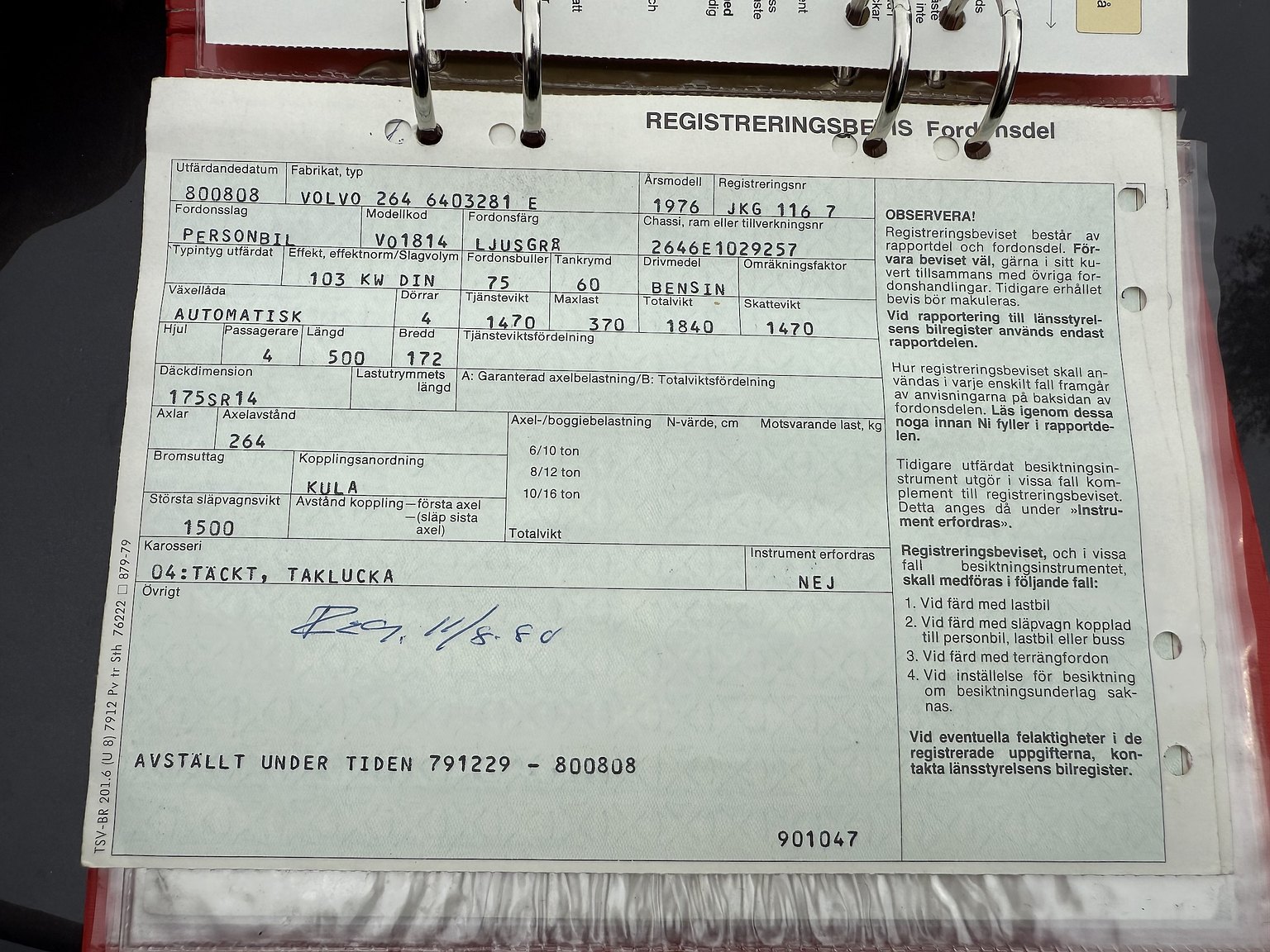 Documentation for 1976 Volvo 264 V6 GL Automatisk