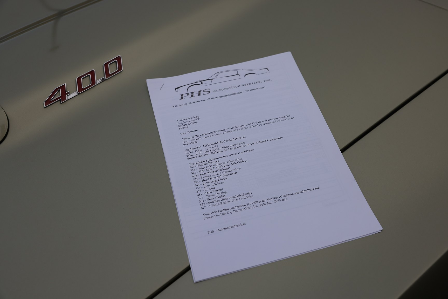 Documentation for 1968 Pontiac Firebird 400 Ram Air