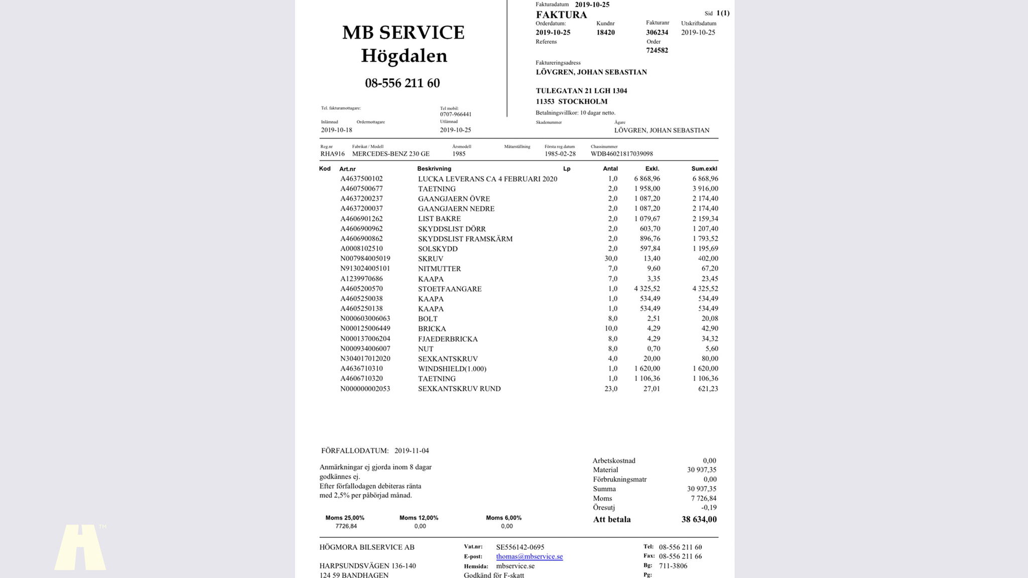 Dokumentation för 1985 Mercedes 230GE Cabrio