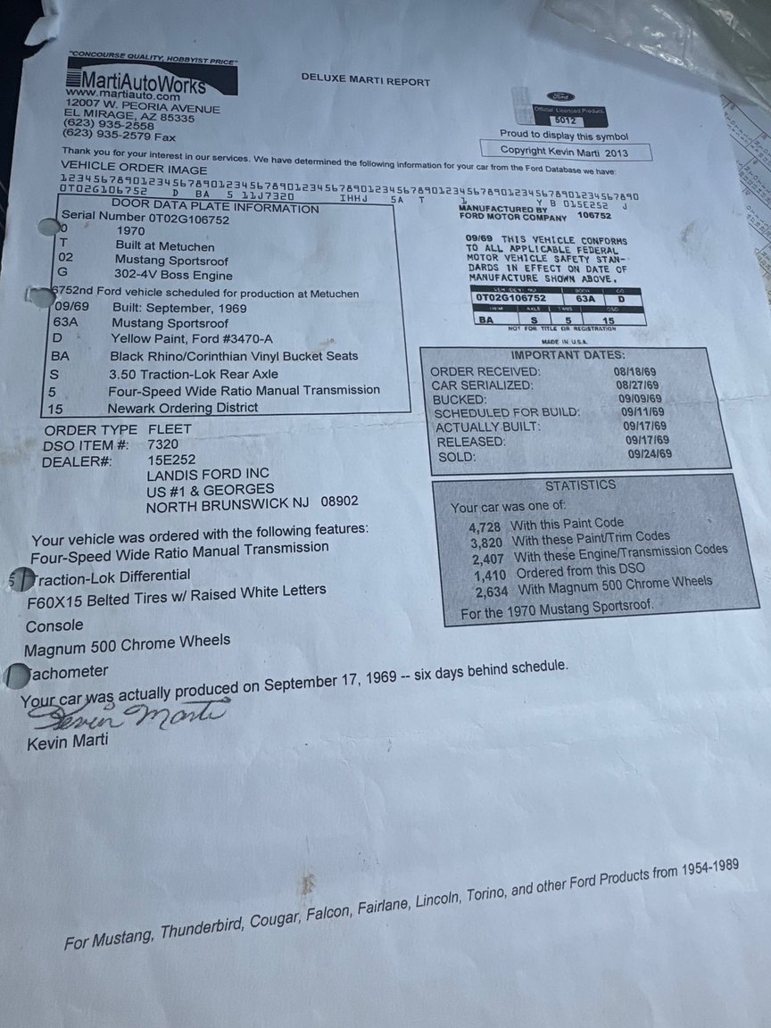 Documentation for 1970 Ford Mustang Boss 302