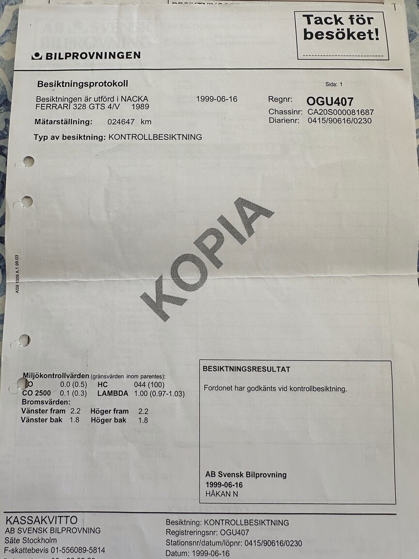 Dokumentation för 1989 Ferrari 328 GTS