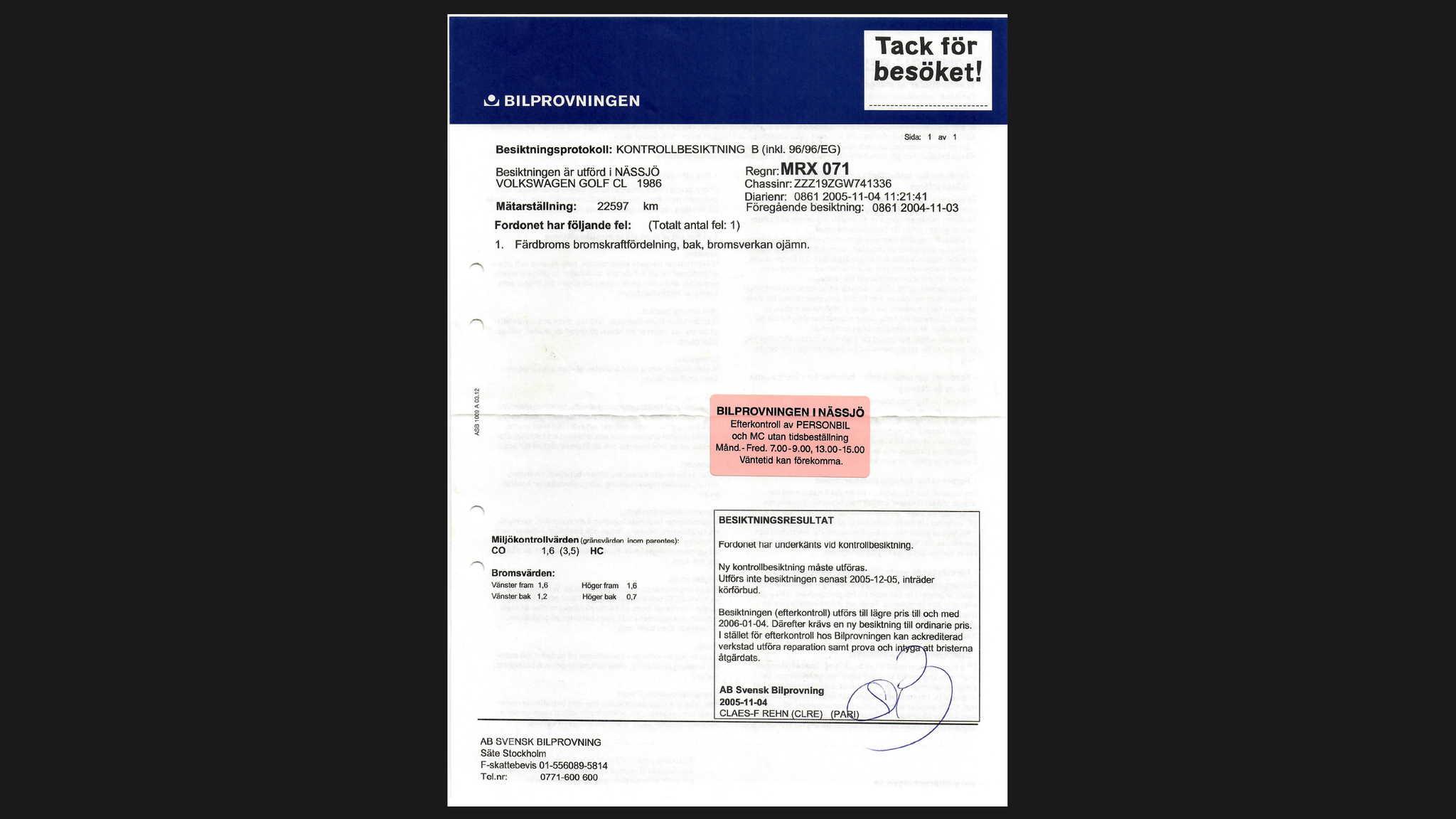 Dokumentation för 1986 Volkswagen Golf CL