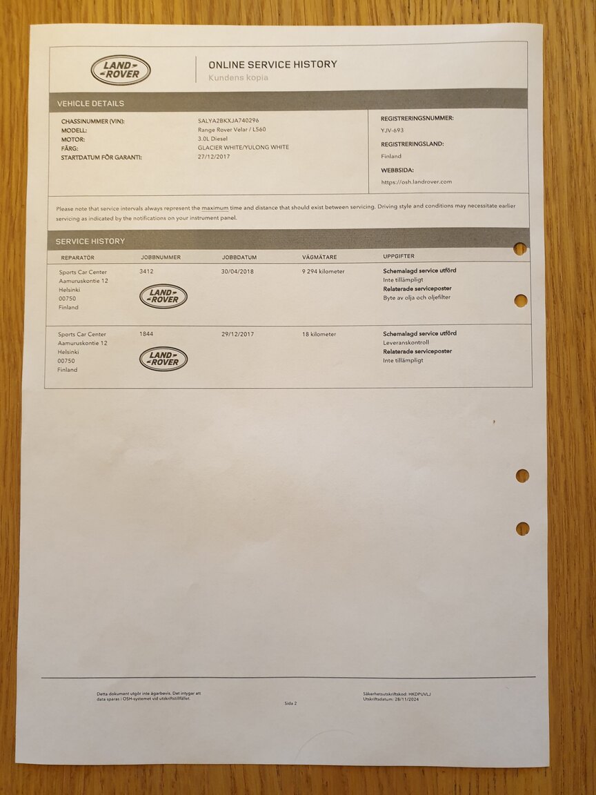 Documentation for 2018 Range Rover Velar D300 AWD HSE