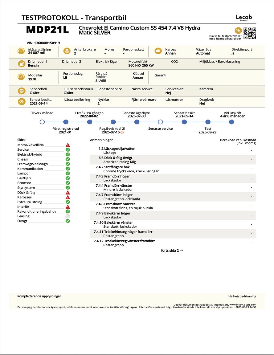 Documentation for 1970 Chevrolet El Camino SS Tribute (2)