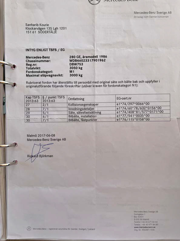 Documentation for 1986 Mercedes 280 GE
