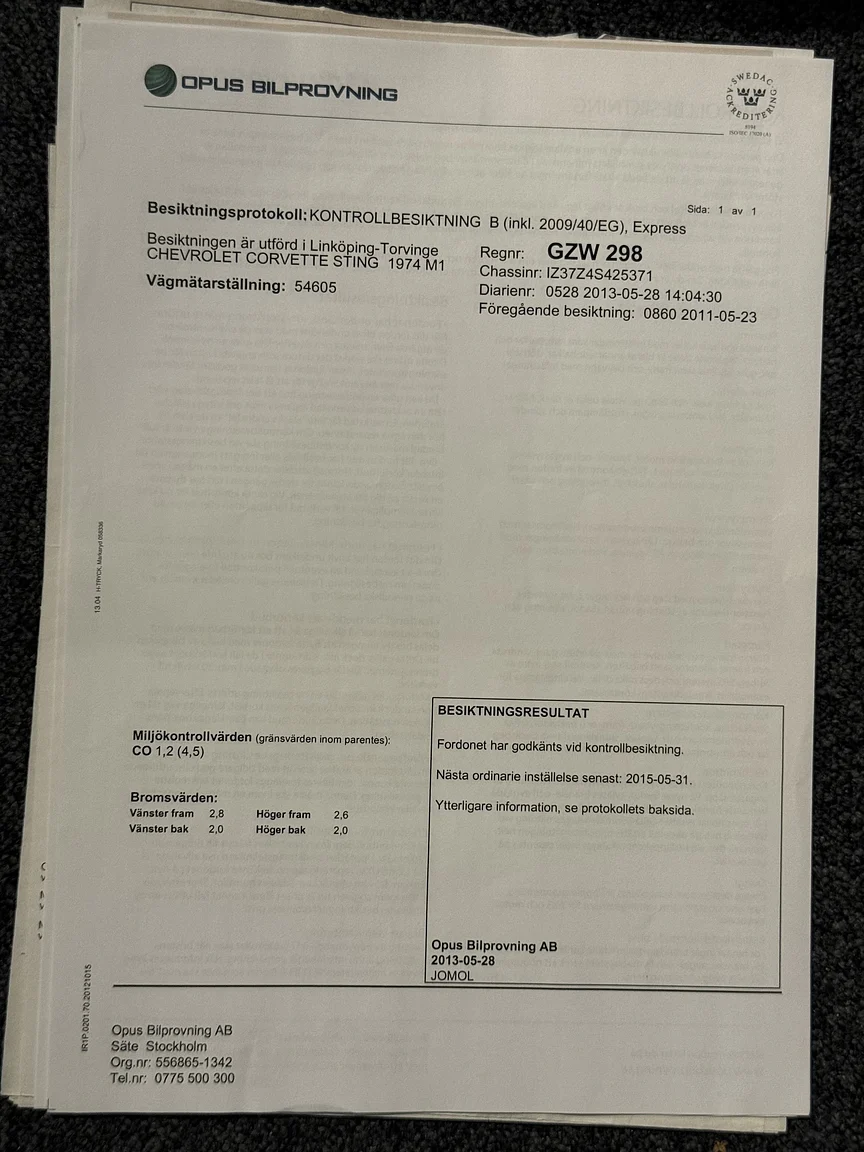 Dokumentation för 1974 Chevrolet Corvette Stingray